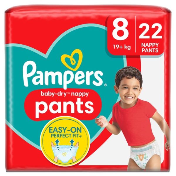 Pampers Baby-Dry Nappy Pants Size 8, 22 Nappies, 19kg+, Essential Pack 22 per pack