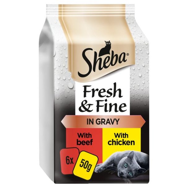 Sheba Fresh & Fine Wet Cat Food Pouches Beef & Chicken in Gravy 6 x 50g