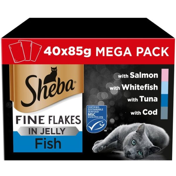 Sheba Fine Flakes Cat Food Pouches Fish In Jelly Mega Pack 40 x 85g