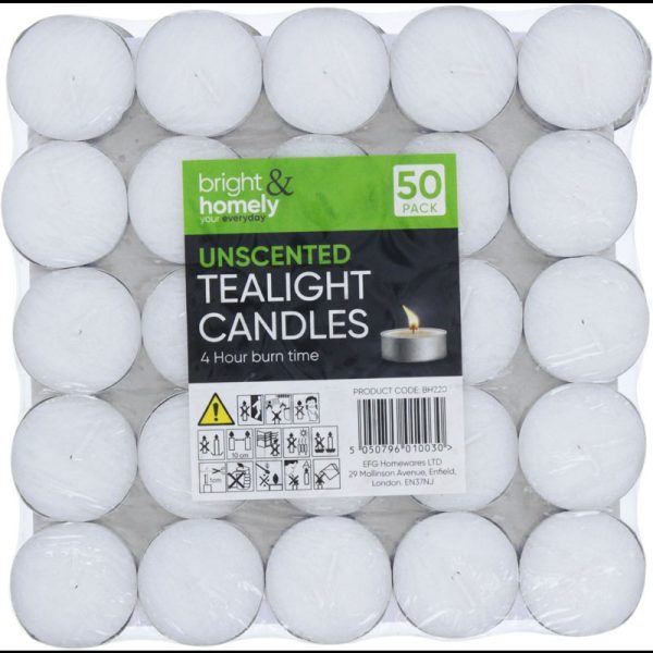 BRIGHT & HOMELY TEALIGHTS PACK OF 50 (4 HOUR BURN TIME)