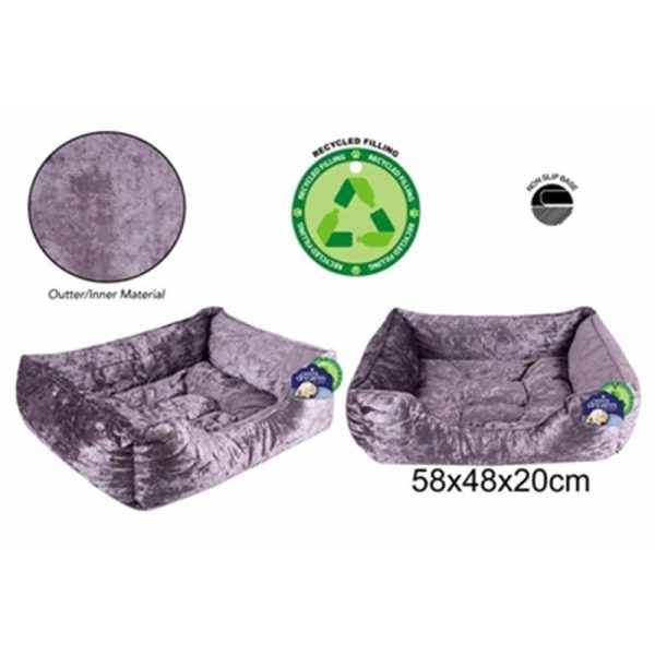 CRUSHED VELVET PET BED 58X48X20CM GREY MEDIUM