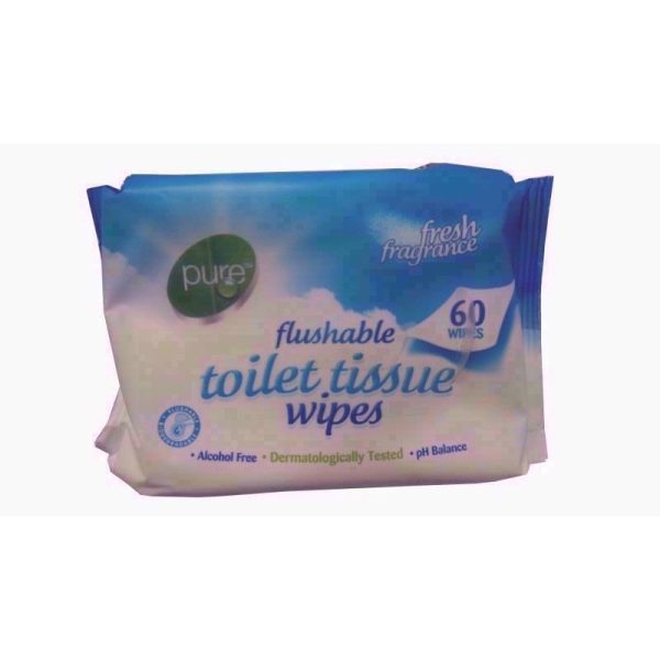 PURE FLUSHABLE TOILET WIPES 60S PACK OF 12