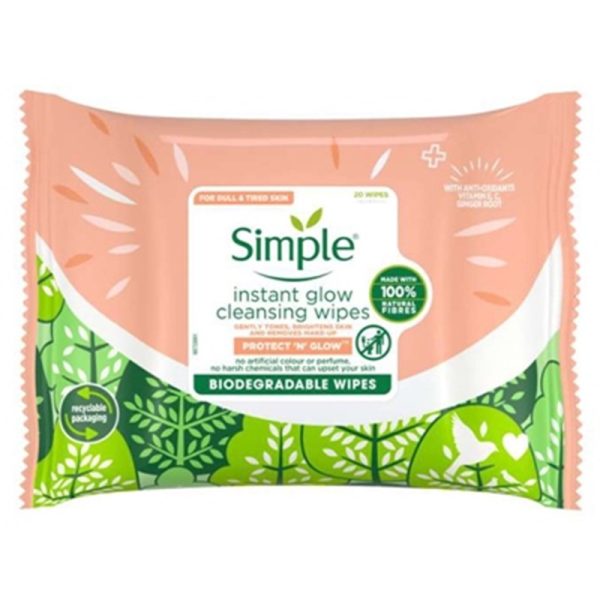 SIMPLE PROTECT 'N' GLOW INSTANT GLOW CLEANSING FACIAL WIPES 20S PACK OF 6