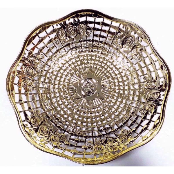 PLASTIC BASKET GOLD/SILVER ROUND 28CM