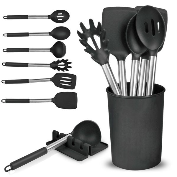 TOP 3 KITCHEN UTENSIL SET SILICONE WITH STORAGE BUCKET AND REST