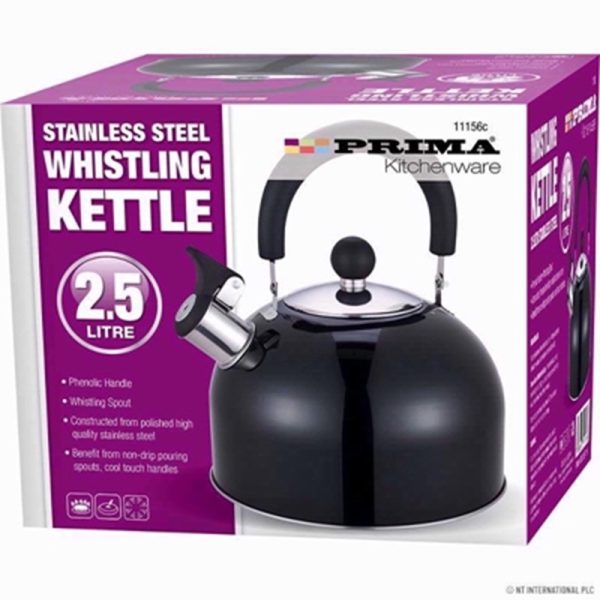 PRIMA WHISTLING KETTLE BLACK S/S 2.5L