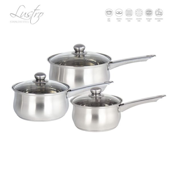 LUSTRO SAUCEPANS WITH LIDS STAINLESS STEEL SILVER 3PCE SET