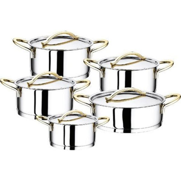 OMS CYLINDER SHAPE MODEL GOLD HAND COOKWARE 10 PIECES (INCLUDING LIDS)