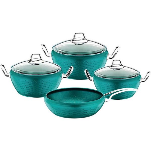 OMS MERMAID NON-STICK COOKWARE SET MINT GREEN 7 PIECES (INCLUDING LIDS)