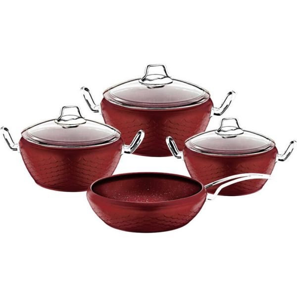 OMS MERMAID NON-STICK COOKWARE SET RED 7 PIECES (INCLUDING LIDS)