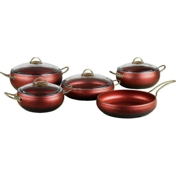 OMS NON-STICK COOKWARE SET RED 9 PIECES (INCLUDING LIDS)