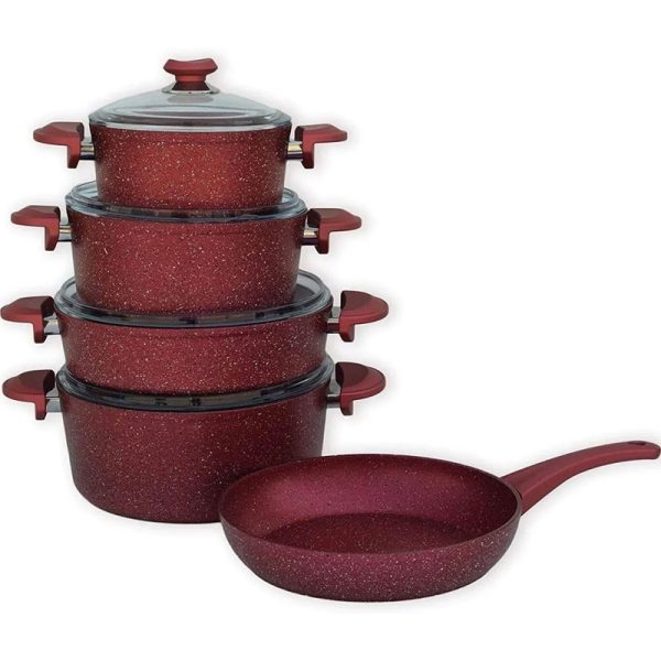 OMS NON-STICK GRANITE COOKWARE SET 9PC RED