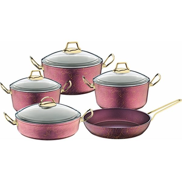 OMS NON-STICK GRANITE COOKWARE SET PURPLE 9 PIECES (INCLUDING LIDS)