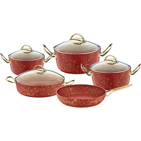 OMS NON-STICK GRANITE COOKWARE SET RED 9 PIECES (INCLUDING LIDS)