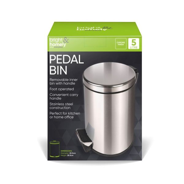 BRIGHT & HOMELY PEDAL BIN STAINLESS STEEL 5LTR