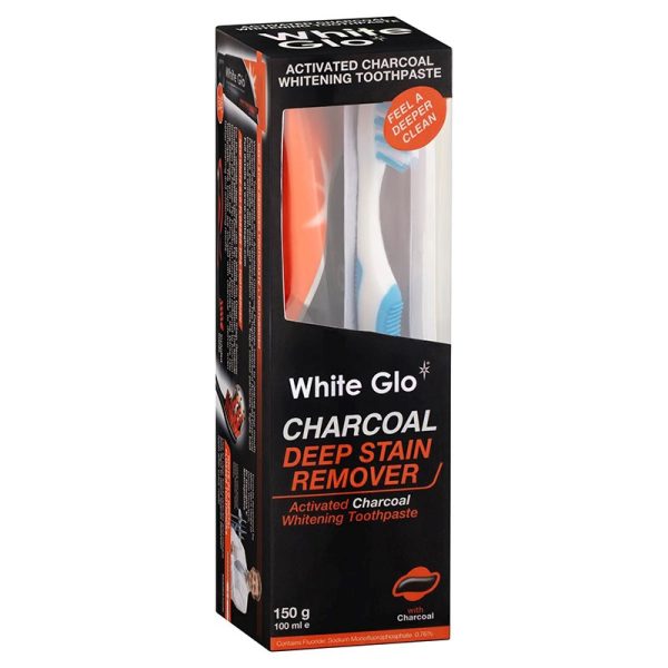 WHITE GLO CHARCOAL DEEP STAIN REMOVER SET PACK OF 6 (TOOTHPASTE 150G + TOOTHBRUSH + 8 TOOTHPICKS)