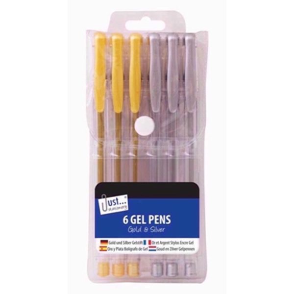 JUST STATIONERY PENS GEL SILVER GOLD 6