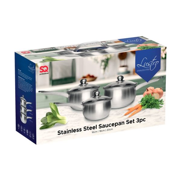 LUSTRO SAUCEPANS WITH LIDS STAINLESS STEEL SILVER 3PCE SET