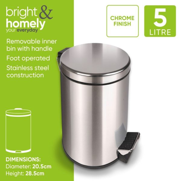 BRIGHT & HOMELY PEDAL BIN STAINLESS STEEL 5LTR