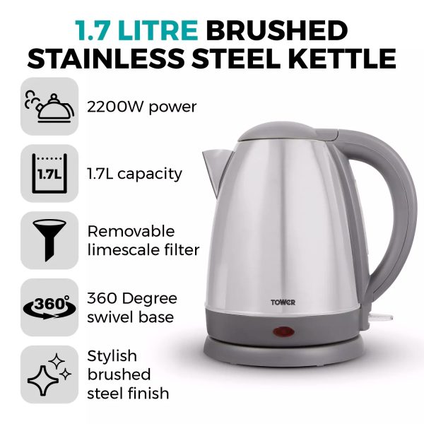 TOWER PRESTO BRUSHED STAINLESS STEEL KETTLE 1.7L PT10072B