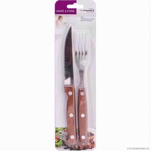 PRIMA STEAK KNIFE & FORK W/WOOD HANDLE