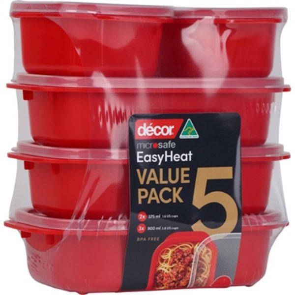 DECOR MICROSAFE FOOD CONTAINERS OBLONG 900ML & 375ML SET OF 5 RED