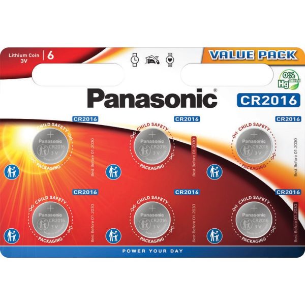 PANASONIC COIN BATTERY LITHIUM CR2016 PACK OF 6