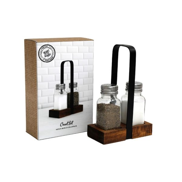 CRUET IN ACACIA BASE HDR SET OF 2