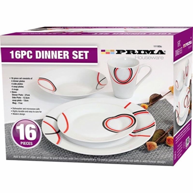 PRIMA DINNER SET 16PCE RED BLACK British Chemist