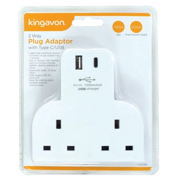 KINGAVON 2 WAY PLUG ADAPTOR WITH TYPE C & USB