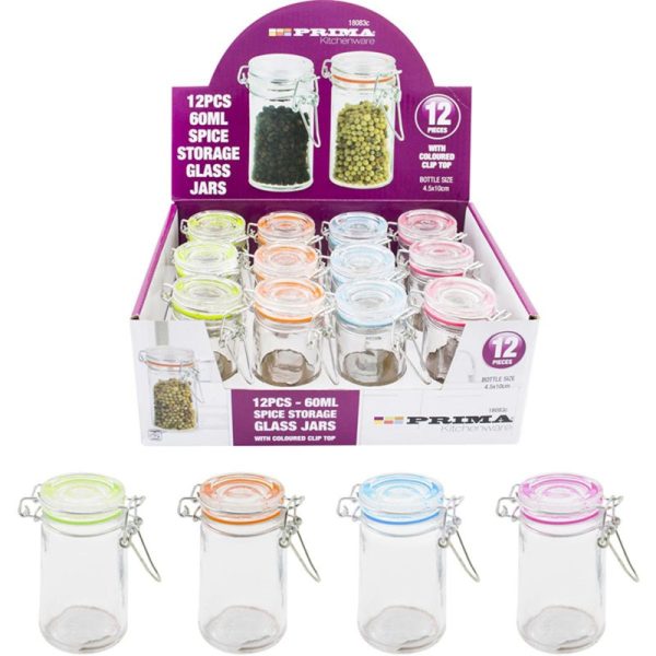 PRIMA GLASS SPICE JAR W/CLIP PACK OF 12 60ML