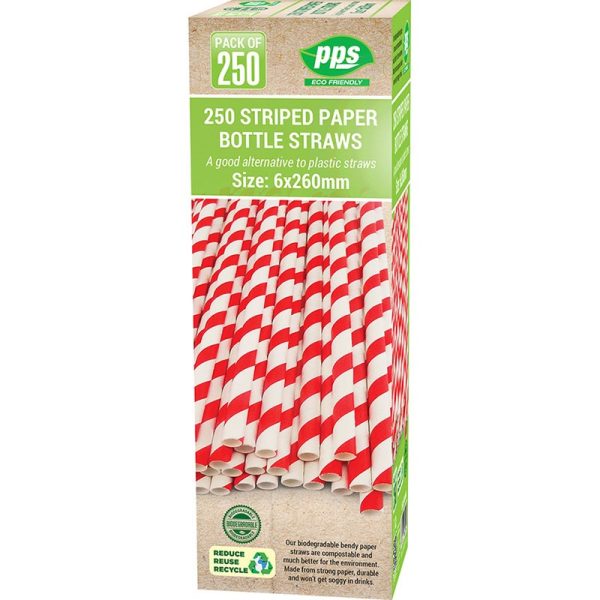 PPS PAPER STRAWS STRIPPED 6X260MM 250PCS