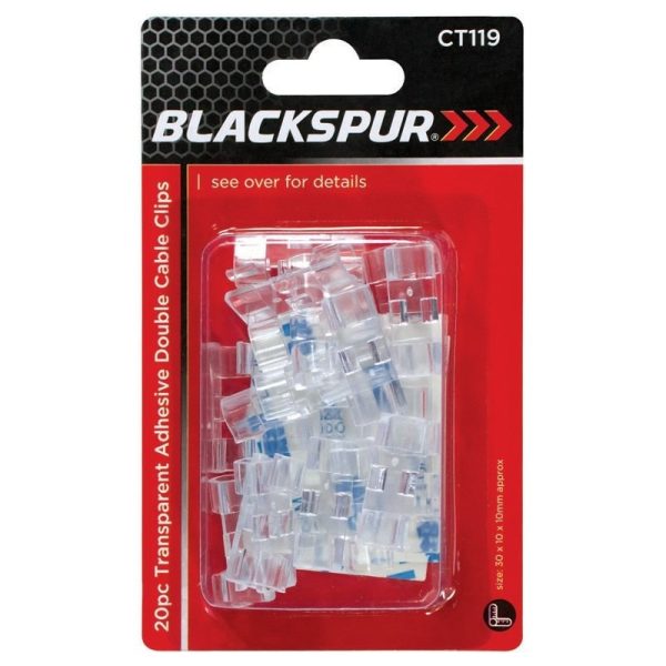 BLACKSPUR ADHESIVE DOUBLE CABLE CLIPS TRANSPARENT 20PC