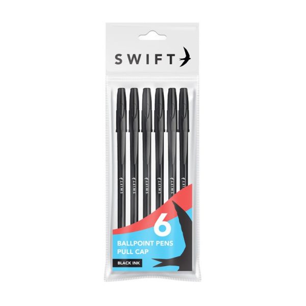 SWIFT PULL CAP BALLPOINT PENS BLACK PACK OF 6