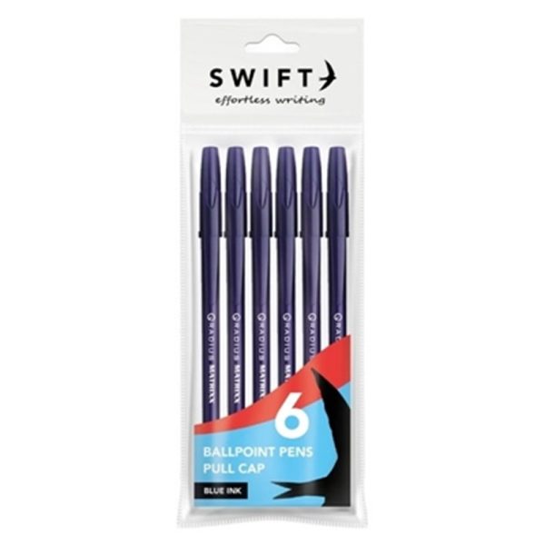 SWIFT PULL CAP BALLPOINT PENS BLUE PACK OF 6