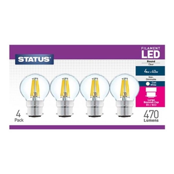 STATUS FILAMENT LED 40W ROUND BC COOL/W PACK OF 4