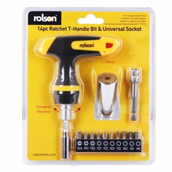 ROLSON RATCHET T-HANDLE BIT & SOCKET SET 14PCE