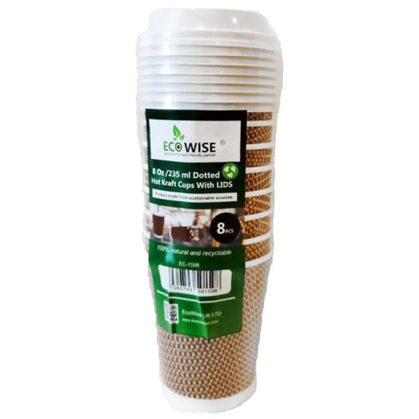 ECO WISE PAPER CUPS RIPPLE DOTTED WITH LIDS 8OZ 8PCS