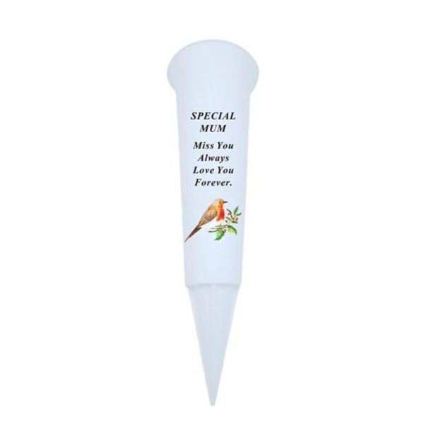 MEMORIAL PLASTIC SPIKE WHITE WITH ROBIN MUM