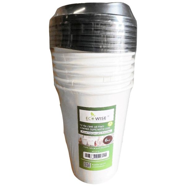 ECO WISE PAPER CUPS WITH LIDS WHITE 12OZ 6PCS