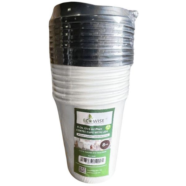 ECO WISE PAPER CUPS WITH LIDS WHITE 8OZ 8PCS