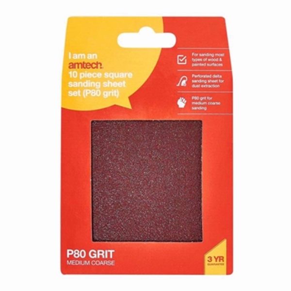 AMTECH SANDING SHEET SQ P80 GRIT 10PCE