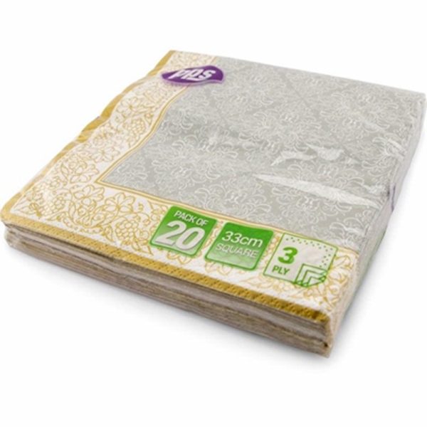 PPS 3PLY 33CM 20 NAPKINS SILVERGOLD BORDER