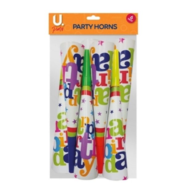 HAPPY BIRTHDAY PARTY HORNS PACK OF 6