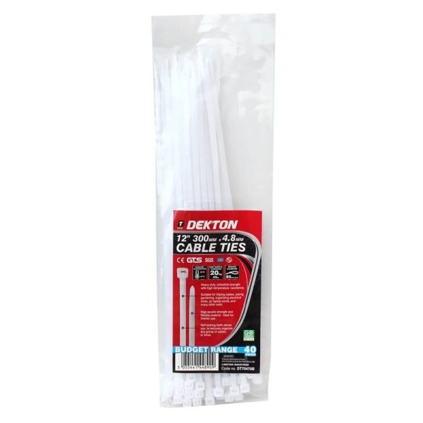 DEKTON WHITE CABLE TIES 40PCS 4.8MMX300MM