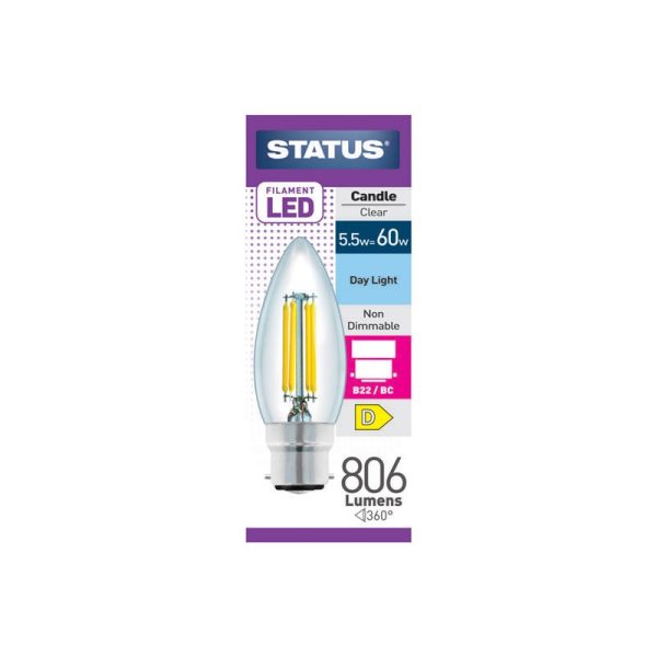 STATUS 5.5W BC CANDLE DAY LIGHT FILAMENT LED LIGHT BULB SINGLE