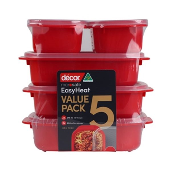 DECOR MICROSAFE FOOD CONTAINERS OBLONG 900ML & 375ML SET OF 5 RED