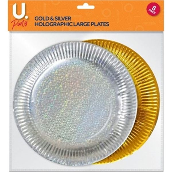 HOLOGRAPHIC GOLD & SILVER LARGE PLATES PACK OF 8