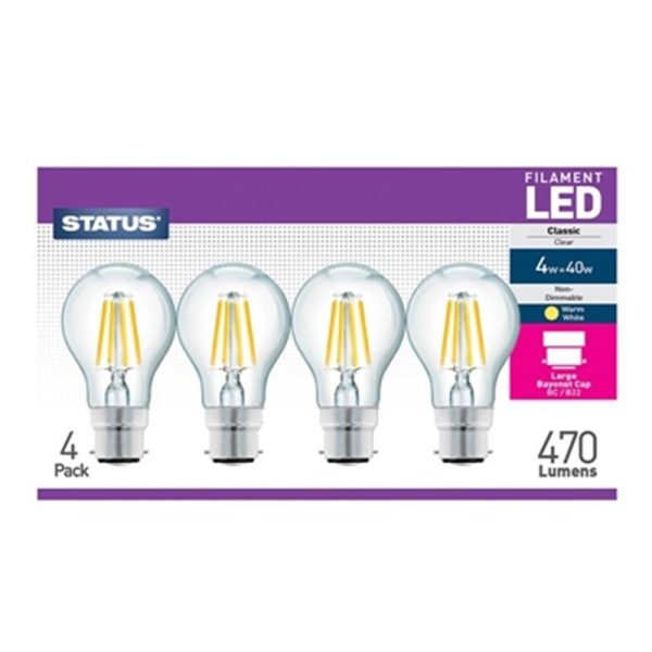 STATUS FILAMENT LED 40W A60 GLS BC W/W PACK OF 4