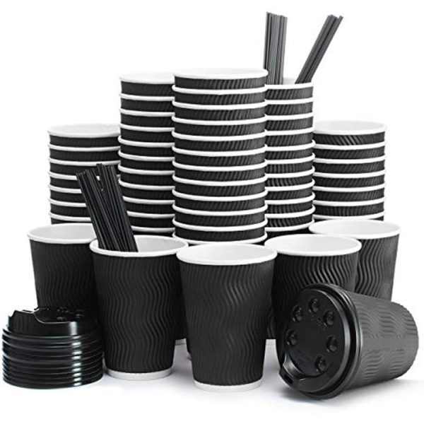 ECO WISE PAPER CUPS & LIDS BLACK 12OZ 6PCS